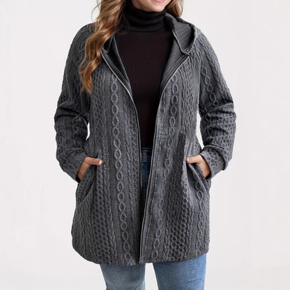 Women’s Hooded Patchwork Coat – Solid Color Wavy Pattern with Pockets