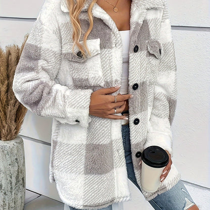 ✨ Cozy Plaid Fuzzy Jacket for Women – Ultra-Soft Warm Long-Sleeve Button-Front Coat ❄️ Perfect for Fall & Winter 🍂🧥 ✨
