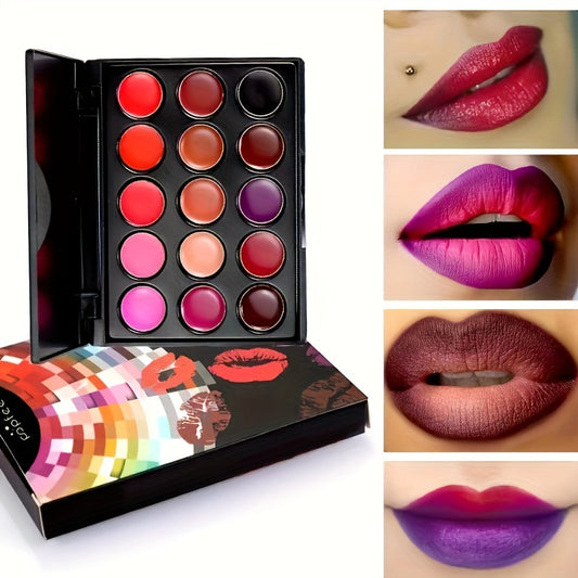 💄✨ 15 Colors Waterproof Lipstick Palette – Matte & Shiny Shades 💋🌈