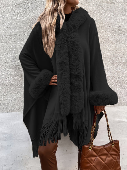 🧥✨ Women’s Elegant Hooded Cape Coat 🌟 V-Neck | 👚 Long Sleeves | 🎀 Fringe Trim | 🤎 Brown ❄️ All-Season Outerwear | 💃 Casual to Formal | 🌟 Sophisticated Winter Style