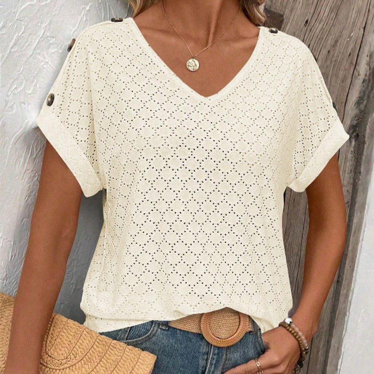 Women’s Solid Color Button Detail Loose Short-Sleeve T-Shirt
