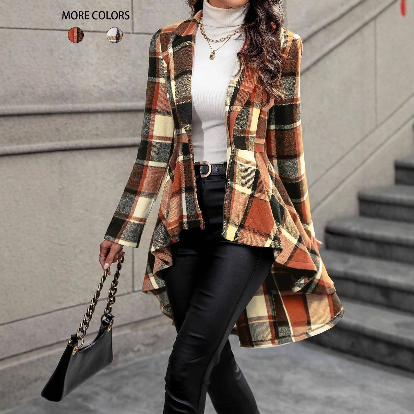 Women’s Plaid Button-Front Jacket – Long Sleeve High-Low Flared Hem