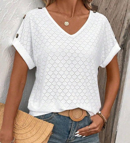 Women’s Solid Color Button Detail Loose Short-Sleeve T-Shirt