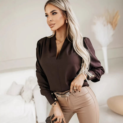 Women’s Urban Chic V-Neck Blouse – Solid Color Commuter Style