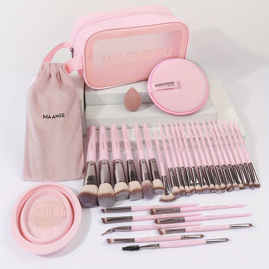 💄 30pcs Professional Makeup Brush Set 👜 Velvet Bag 🧽 Beauty Blender 🌸 Makeup Remover Puff 🌀 Cleaning Mat 🚿 Bathroom Bag 🪶 Soft to touch 🎨 Foundation & Eyeshadow Blending Brush Kit 👩 For Women 🎁 Mother’s Day Gift Set 💐