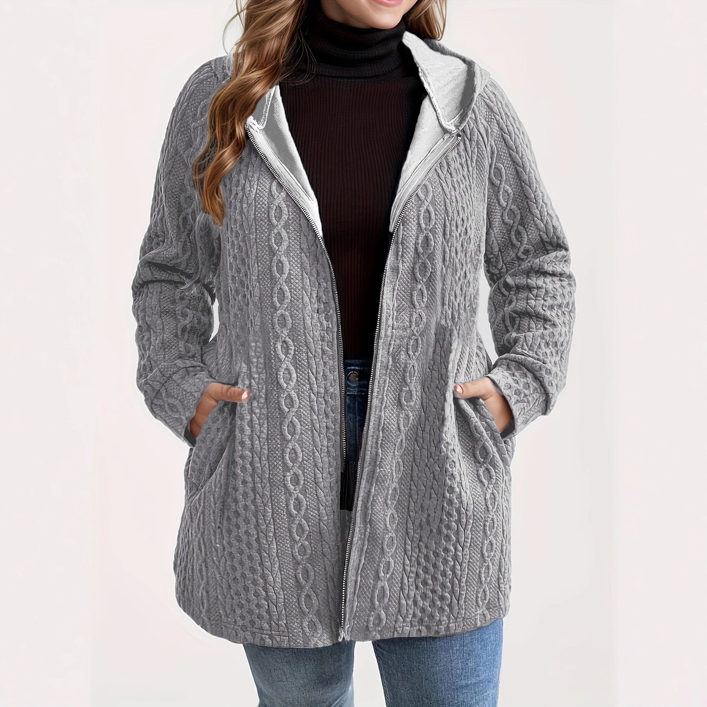 Women’s Hooded Patchwork Coat – Solid Color Wavy Pattern with Pockets