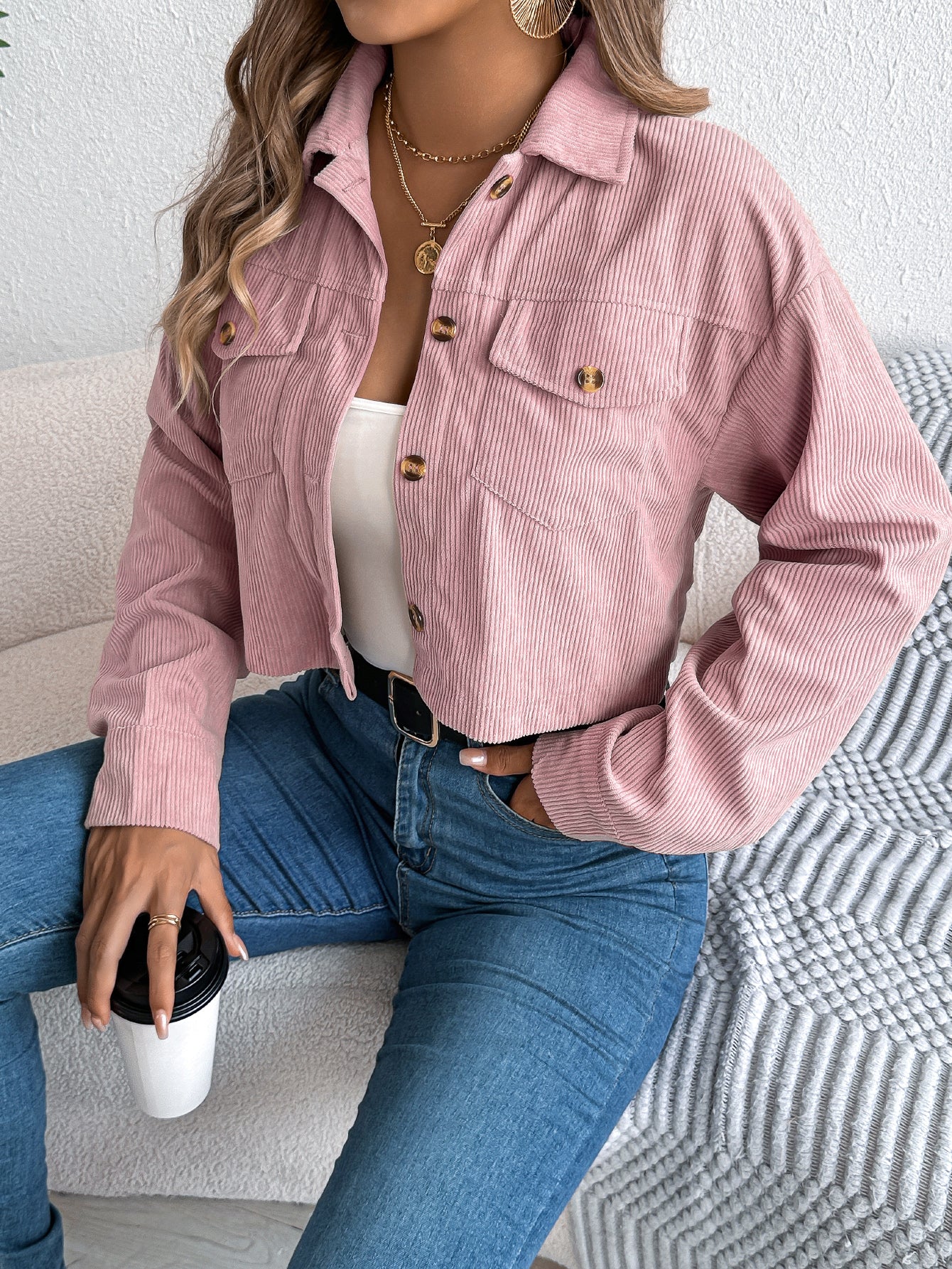 Casual Corduroy Short Jacket with Pockets