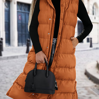 🧥❄️ Long Down Vest for Women ✨ Quilted Hooded Sleeveless Vest | 🔘 Button + Zipper | 🧸 Padded & Cozy 💼 New Fashionable Commuting Winter Jacket | 🚶‍♀️ Stylish Cold-Weather Outerwear