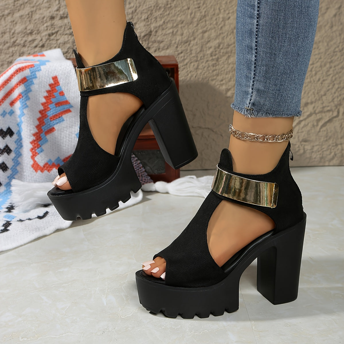 Women’s Elegant Roman Sandals – Chunky Heel Open-Toe High Heels, Summer European & American Style