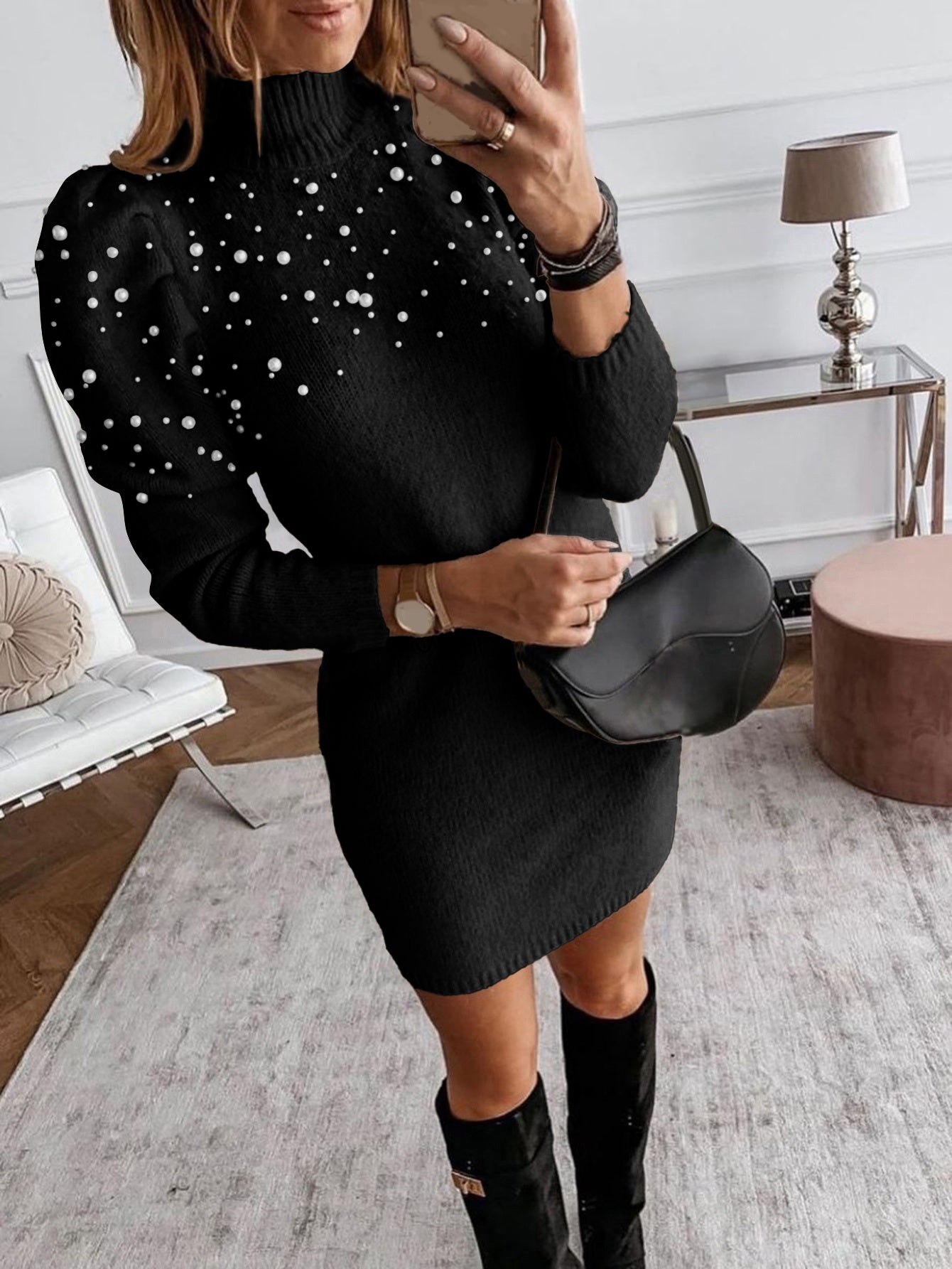 Women’s Elegant High Neck Knit Dress – Pearl Embellished Short Dress for Fall & Winter, Chic Formal & Party Wear