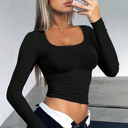 Women’s Slim-Fit U-Neck Long Sleeve Top – Solid Color Style