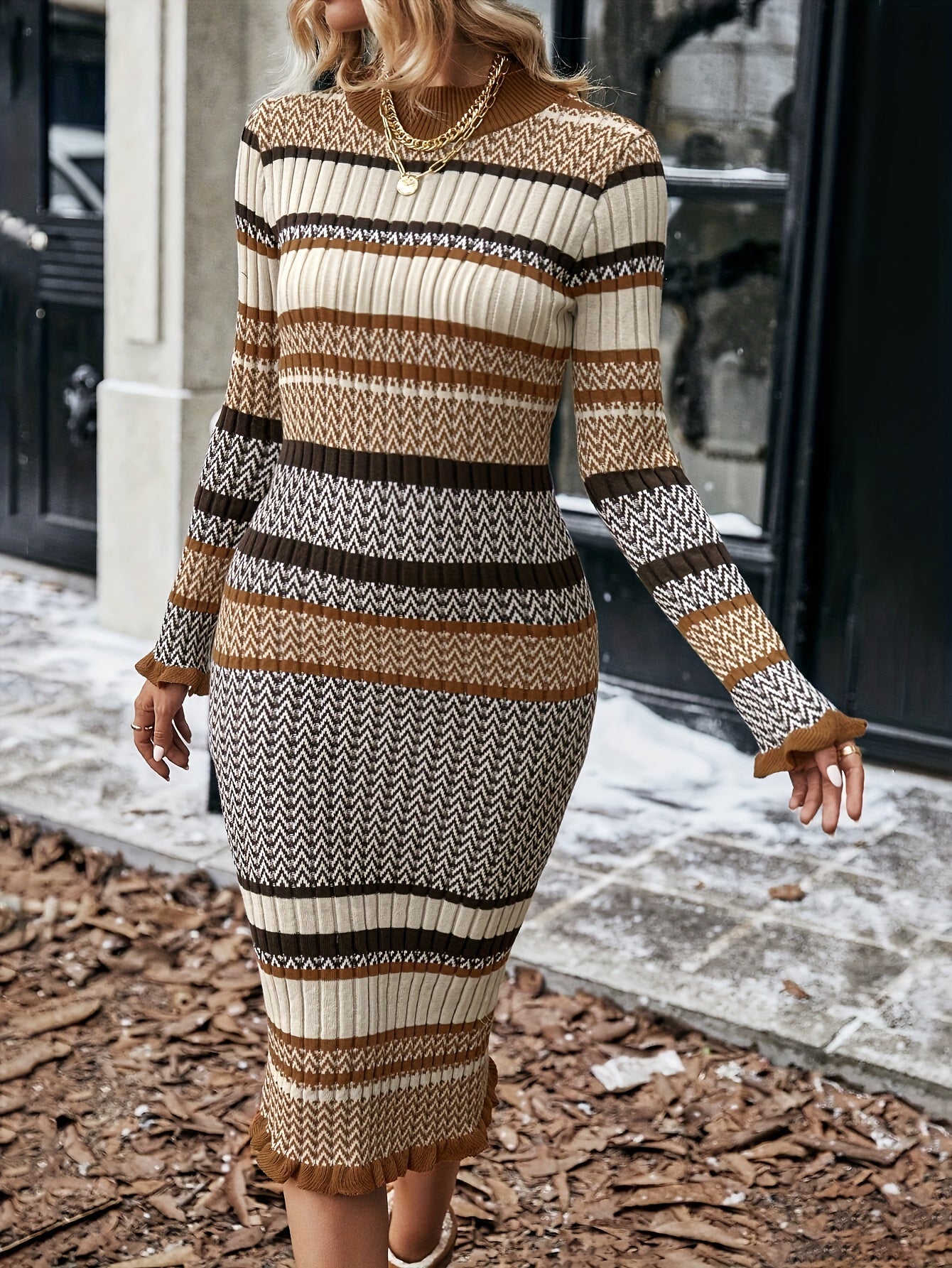 Women’s Elegant Autumn & Winter Dress – Striped High-Stretch French Ribbed Bodycon Long Sleeve Dress, Stylish Matching Jacket Outerwear Dress, Winter Maxi Dress for Women