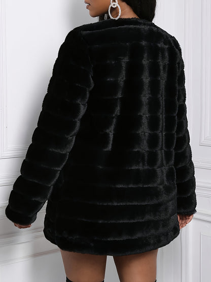 ✨🧥 Women’s Plush Faux Fur Jacket – Long Sleeve, Front Zipper, Solid Black, Cozy Winter Coat for Fall & Winter, Stylish & Warm ❄️🖤🐻‍❄️