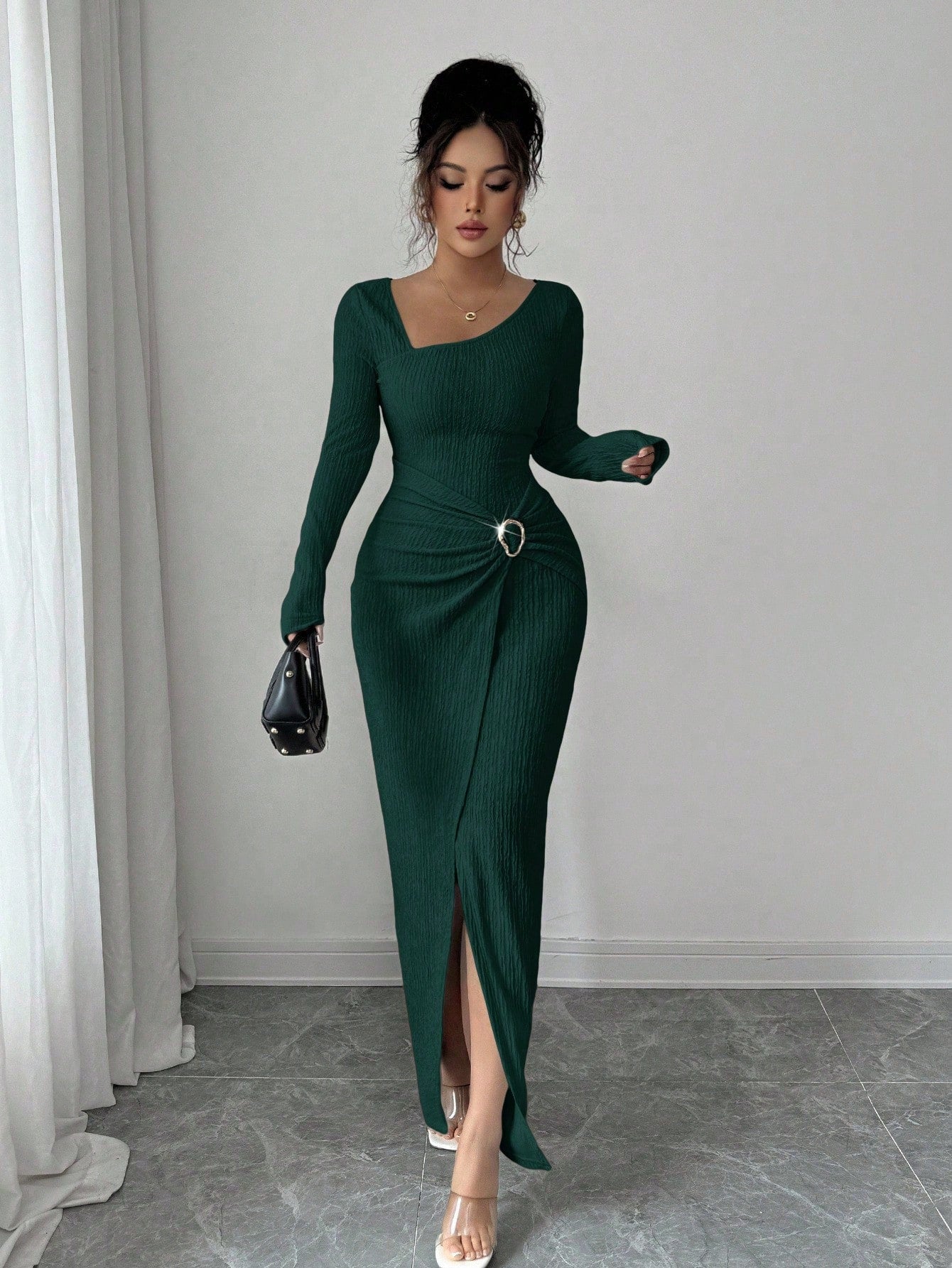 Women’s Irregular Neckline Knitted Long Dress – Autumn & Winter Solid Color Style