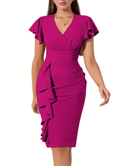 Elegant V-Neck Bodycon Dress with Ruffle Hem 👗✨