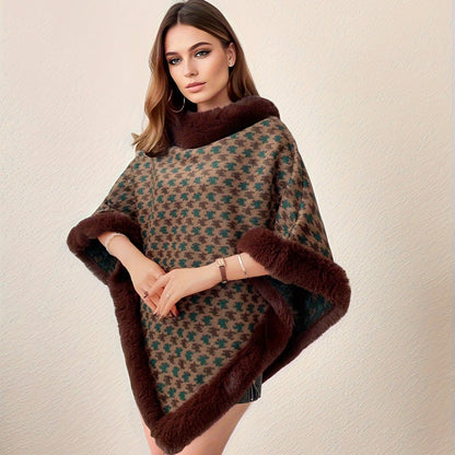 ✨ Women’s Houndstooth Cape-Style Poncho Coat – Faux Fur Trim Short Winter Wrap ❄️🧥 Elegant Black & White Warm Shawl for Fall & Winter 🍂❄️ Middle Eastern–Inspired Cape Design for Chic, Luxurious Style ✨