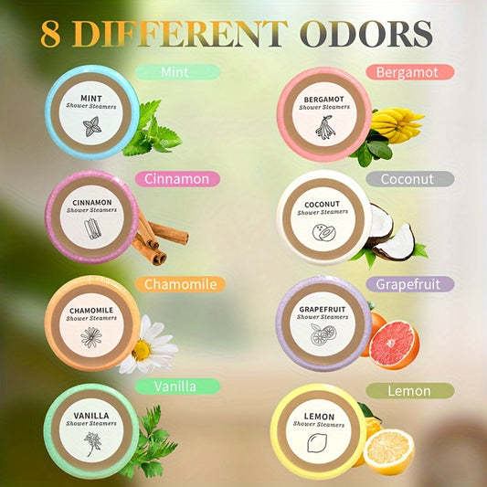 Shower Steamers 🚿✨ | 8 Essential Oil Bombs 🌿 | Lavender 💜, Mint 🌱, Vanilla 🍦, Citrus 🍋🍊, Cinnamon 🌶️, Coconut 🥥 | Spa Relaxation Gift 🎁