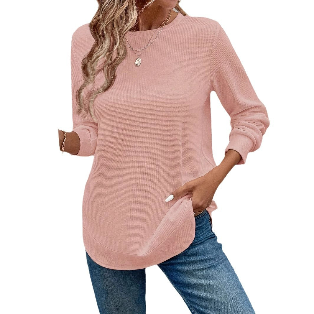 Women’s Long Sleeve Waffle Texture Top – Solid Color, Round Neck