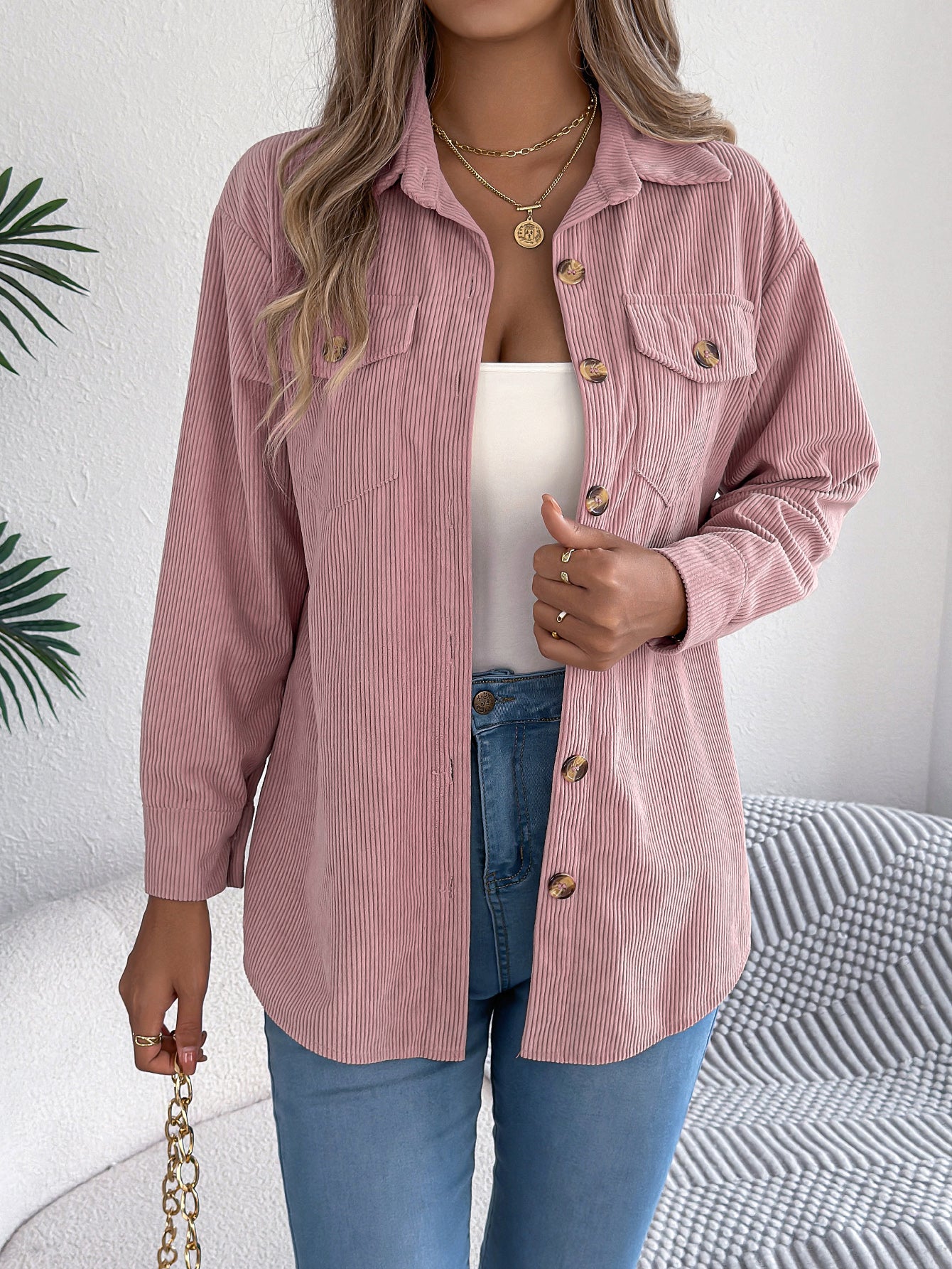 Women’s Faux Pocket Corduroy Jacket – Long Sleeve Mid-Length Styl