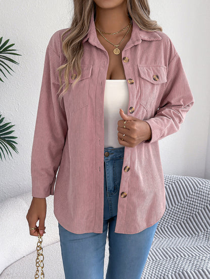 Women’s Faux Pocket Corduroy Jacket – Long Sleeve Mid-Length Styl