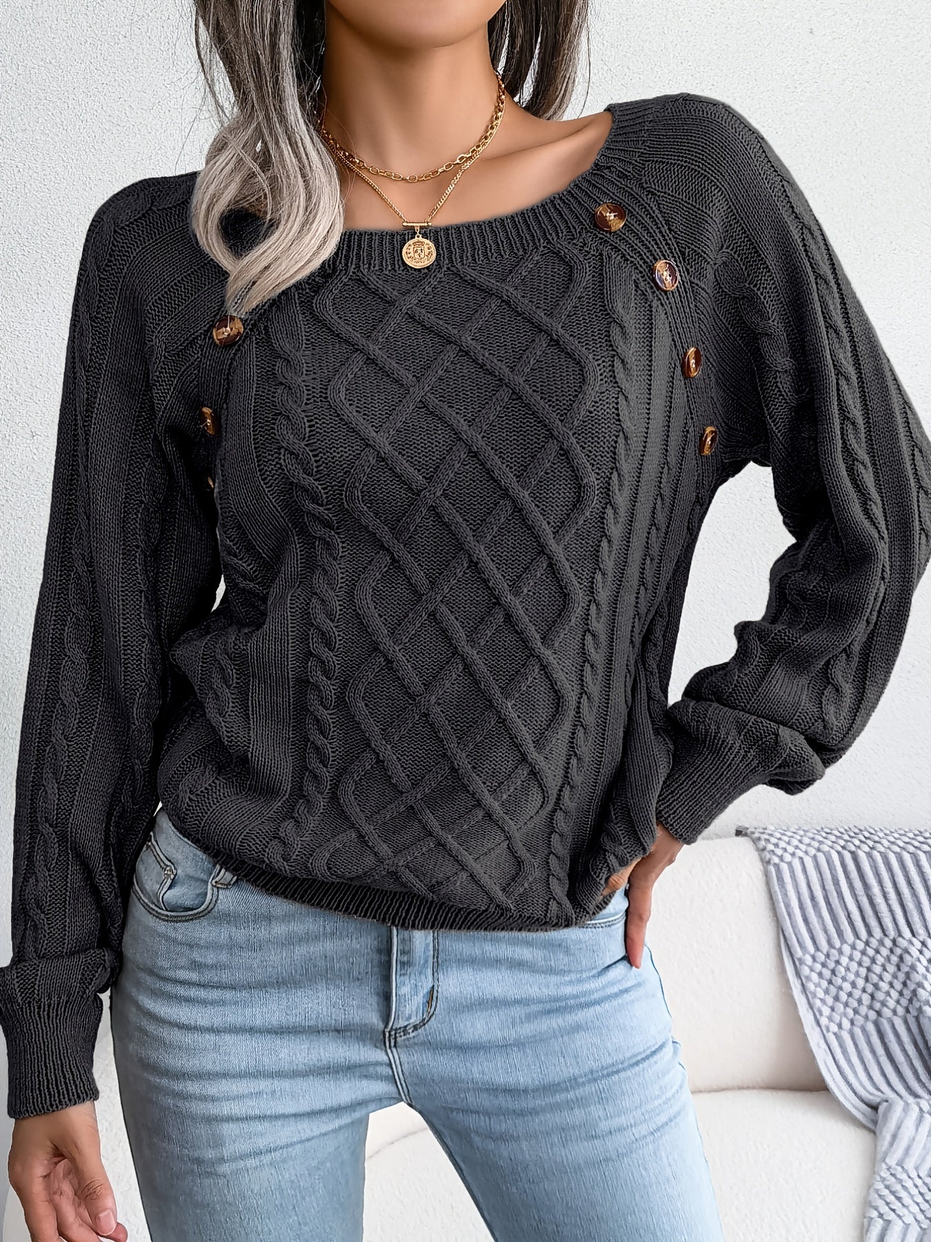 Autumn/Winter European & American Casual Solid Color Square Neck Button Twist Long Sleeve Sweater