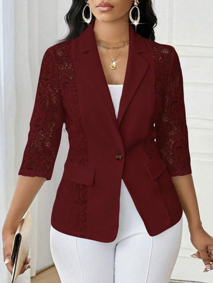 Women’s Elegant Lace Hollow-Out Jacket – Solid Color, 3/4 Sleeves