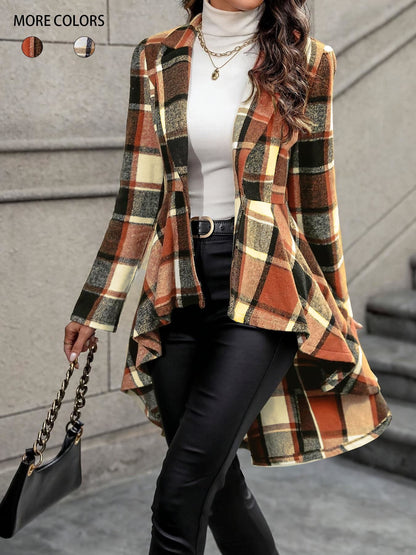 Women’s Plaid Button-Front Jacket – Long Sleeve High-Low Flared Hem