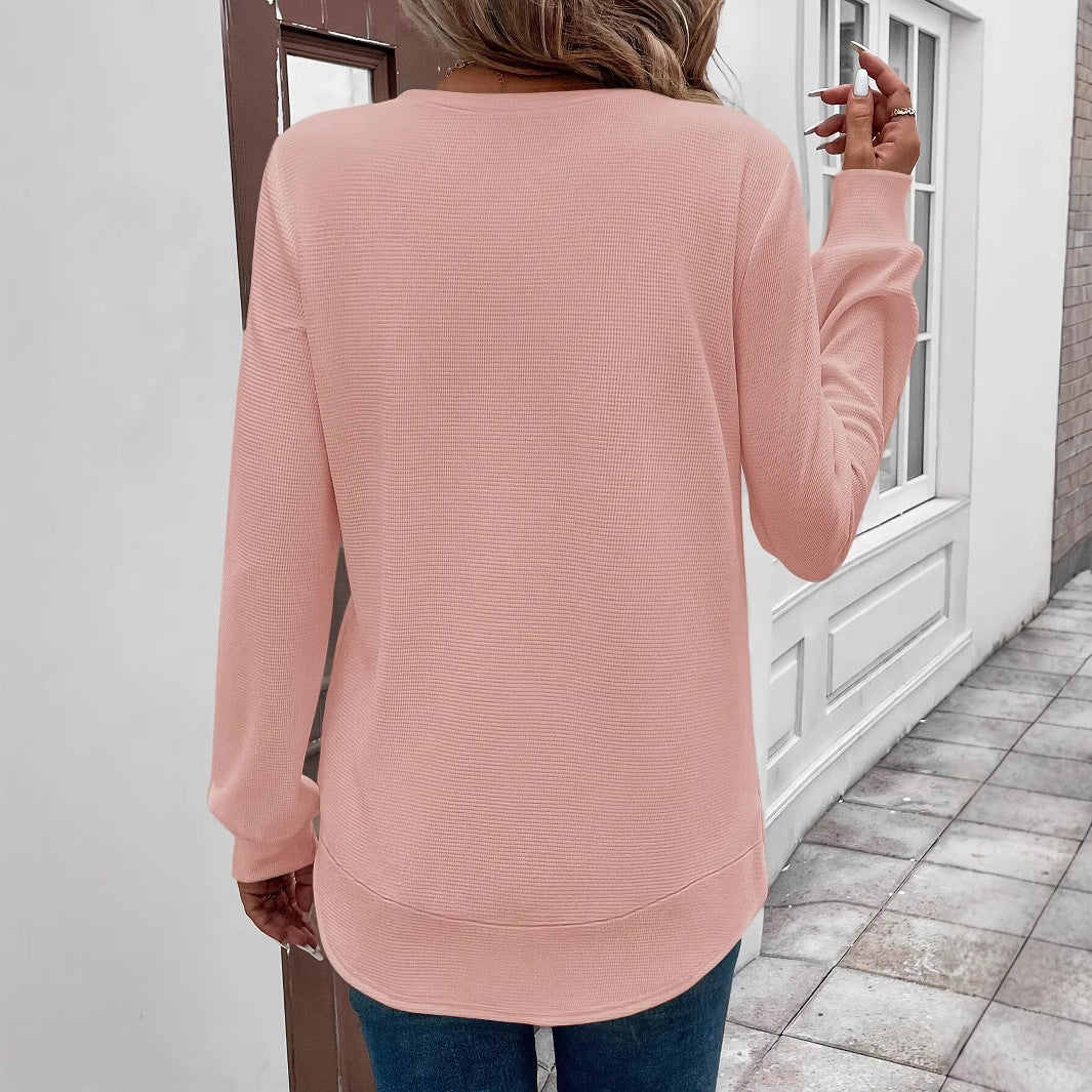 Women’s Long Sleeve Waffle Texture Top – Solid Color, Round Neck