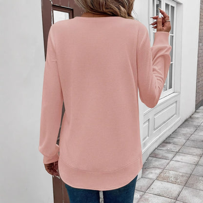 Women’s Long Sleeve Waffle Texture Top – Solid Color, Round Neck