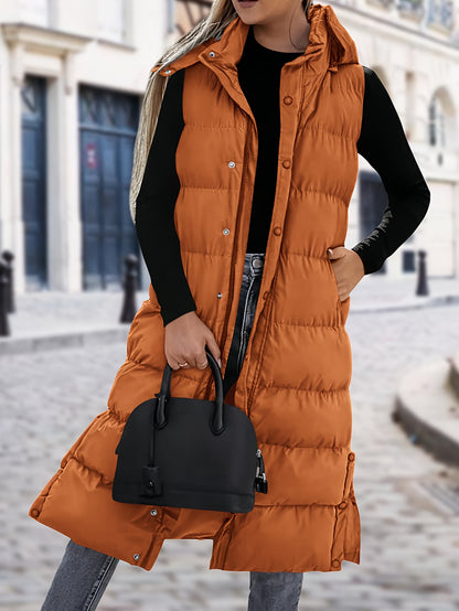 🧥❄️ Long Down Vest for Women ✨ Quilted Hooded Sleeveless Vest | 🔘 Button + Zipper | 🧸 Padded & Cozy 💼 New Fashionable Commuting Winter Jacket | 🚶‍♀️ Stylish Cold-Weather Outerwear