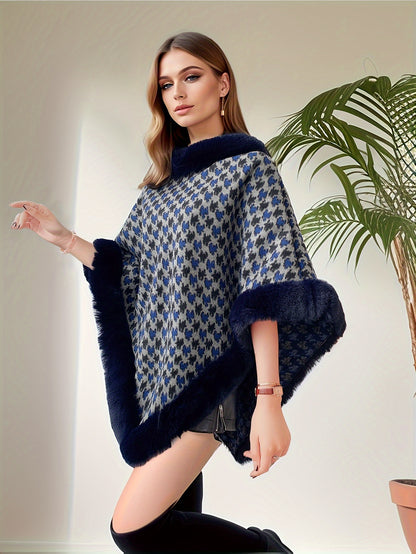 ✨ Women’s Houndstooth Cape-Style Poncho Coat – Faux Fur Trim Short Winter Wrap ❄️🧥 Elegant Black & White Warm Shawl for Fall & Winter 🍂❄️ Middle Eastern–Inspired Cape Design for Chic, Luxurious Style ✨