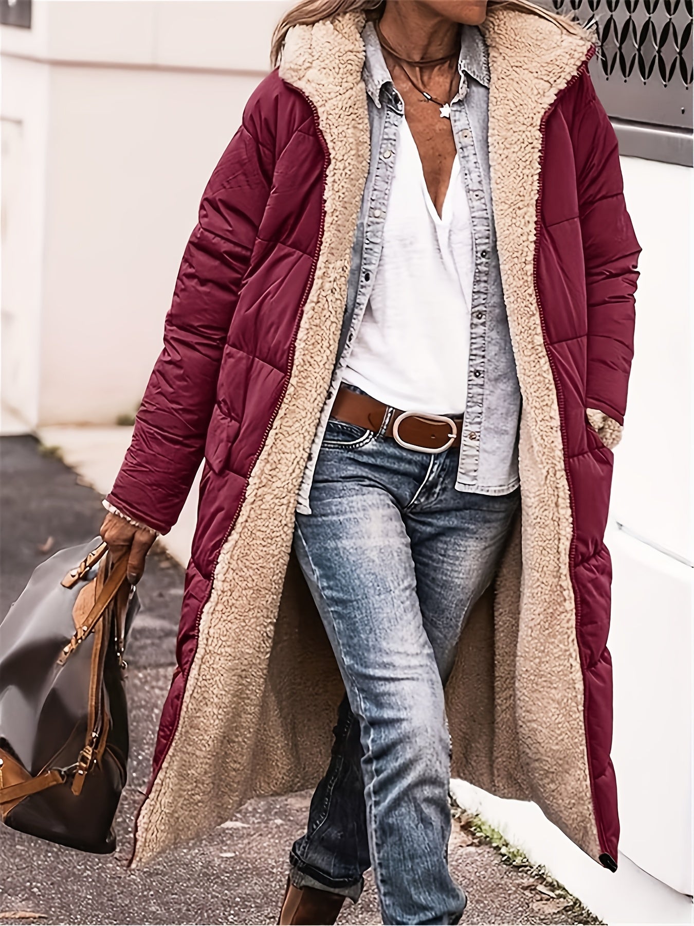 ✨ Plus Size Reversible Fuzzy Longline Winter Coat – Cozy Hooded Long-Sleeve Jacket for Casual Fall & Winter Wear ❄️💖 Women’s Plus Size Outerwear 🧥✨ ✨