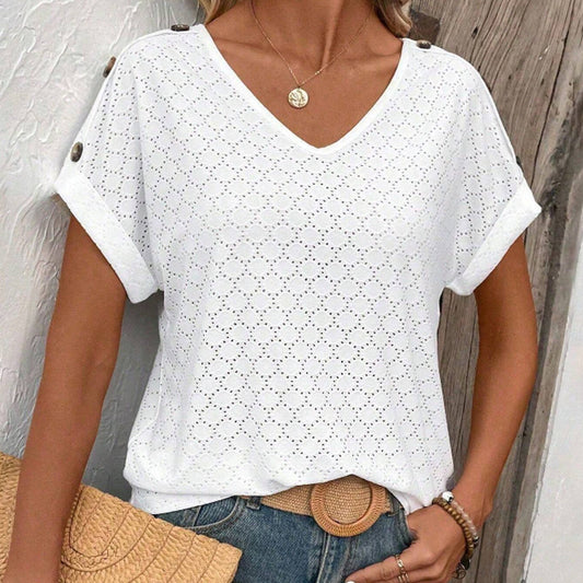 Women’s Solid Color Button Detail Loose Short-Sleeve T-Shirt