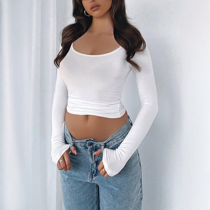 Women’s Slim-Fit U-Neck Long Sleeve Top – Solid Color Style