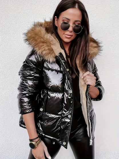 🧥❄️ Women’s Casual Winter Jacket with Faux Fur Hood ✨ Long Sleeve | 🔒 Zippered | 🎨 Solid Color | 🧵 Non-Stretch Nylon 🔥 Cozy Thermal Padded Outerwear | 🌟 Regular Length | ⛄ Warm & Stylish
