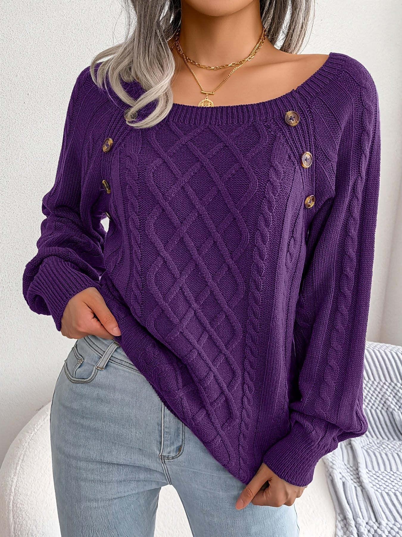 Autumn/Winter European & American Casual Solid Color Square Neck Button Twist Long Sleeve Sweater