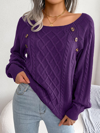 Autumn/Winter European & American Casual Solid Color Square Neck Button Twist Long Sleeve Sweater