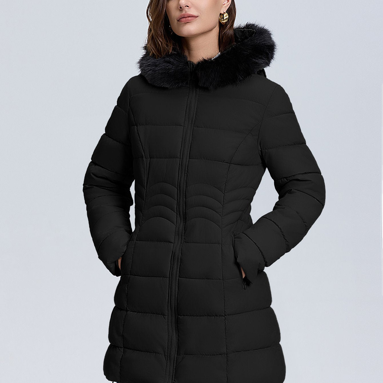 🧥❄️ Women's Slim-Fit Winter Puffer Jacket ✨ Removable Faux Fur Hood | Windproof | Waist-Cinching | Stand Collar ⛄ Hand Washable | Cold Weather Outerwear | Stylish Winter Coat for Women 💖