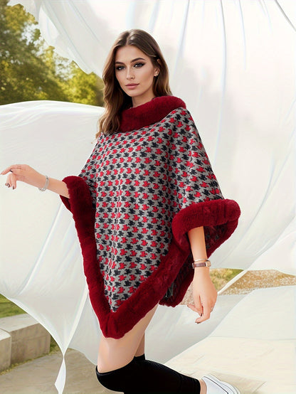 ✨ Women’s Houndstooth Cape-Style Poncho Coat – Faux Fur Trim Short Winter Wrap ❄️🧥 Elegant Black & White Warm Shawl for Fall & Winter 🍂❄️ Middle Eastern–Inspired Cape Design for Chic, Luxurious Style ✨
