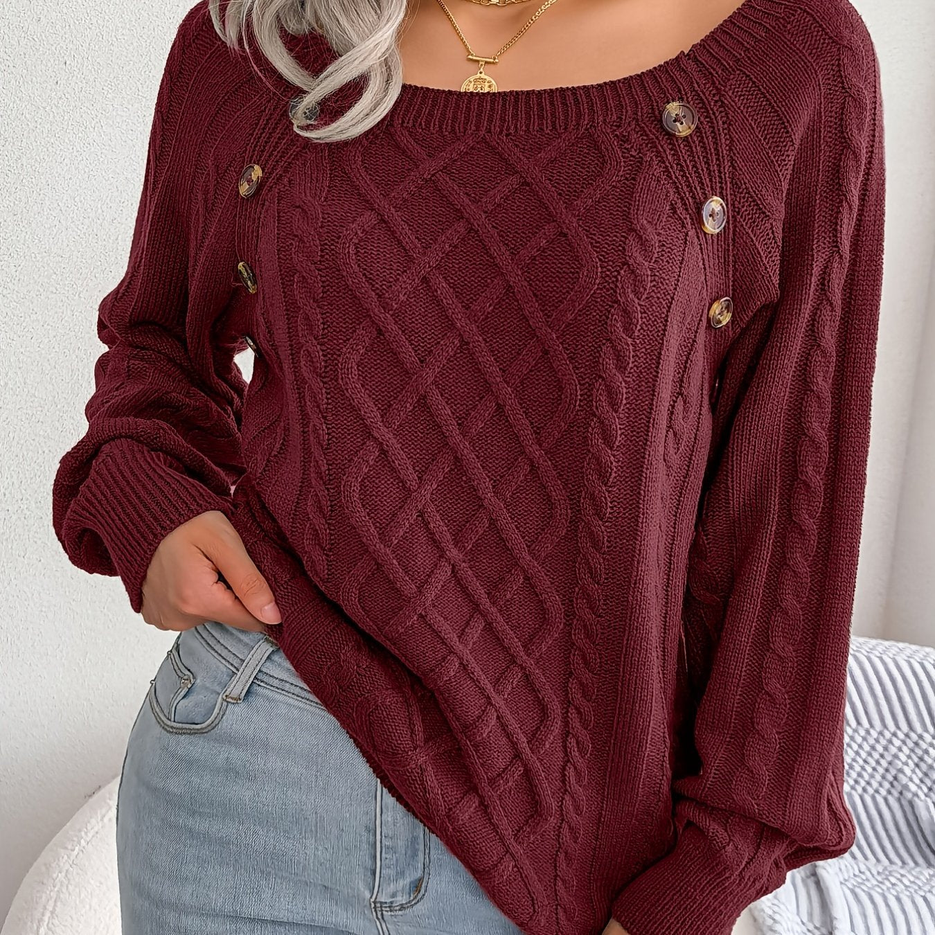Autumn/Winter European & American Casual Solid Color Square Neck Button Twist Long Sleeve Sweater