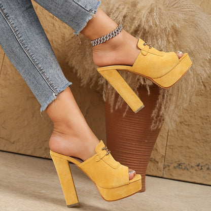 2025 Square-Toe Open-Toe High Heel Slippers for Women – Elegant Vintage Chunky Heel Slip-On Sandals
