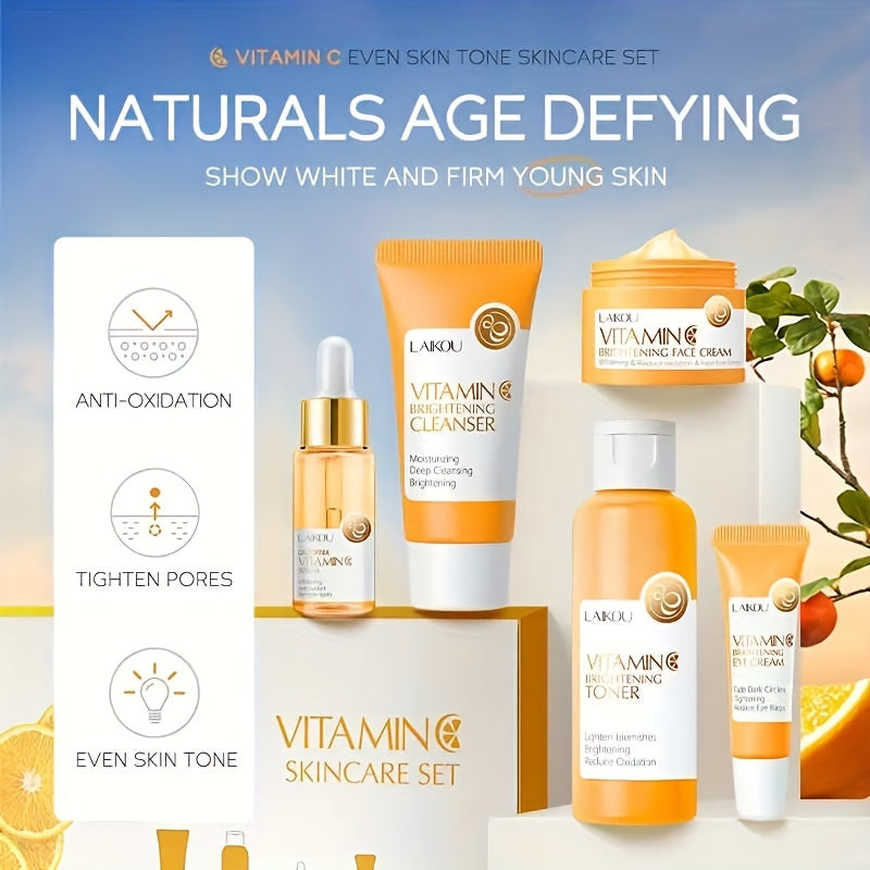🌟 LAIKOU Vitamin C Series 5 pcs 🧴💧💎👀🍊 – Cleanser, Toner, Serum, Eye Cream & Moisturizing Cream ✨ Unisex, Brightening & Hydrating, Skincare Gift 🎁
