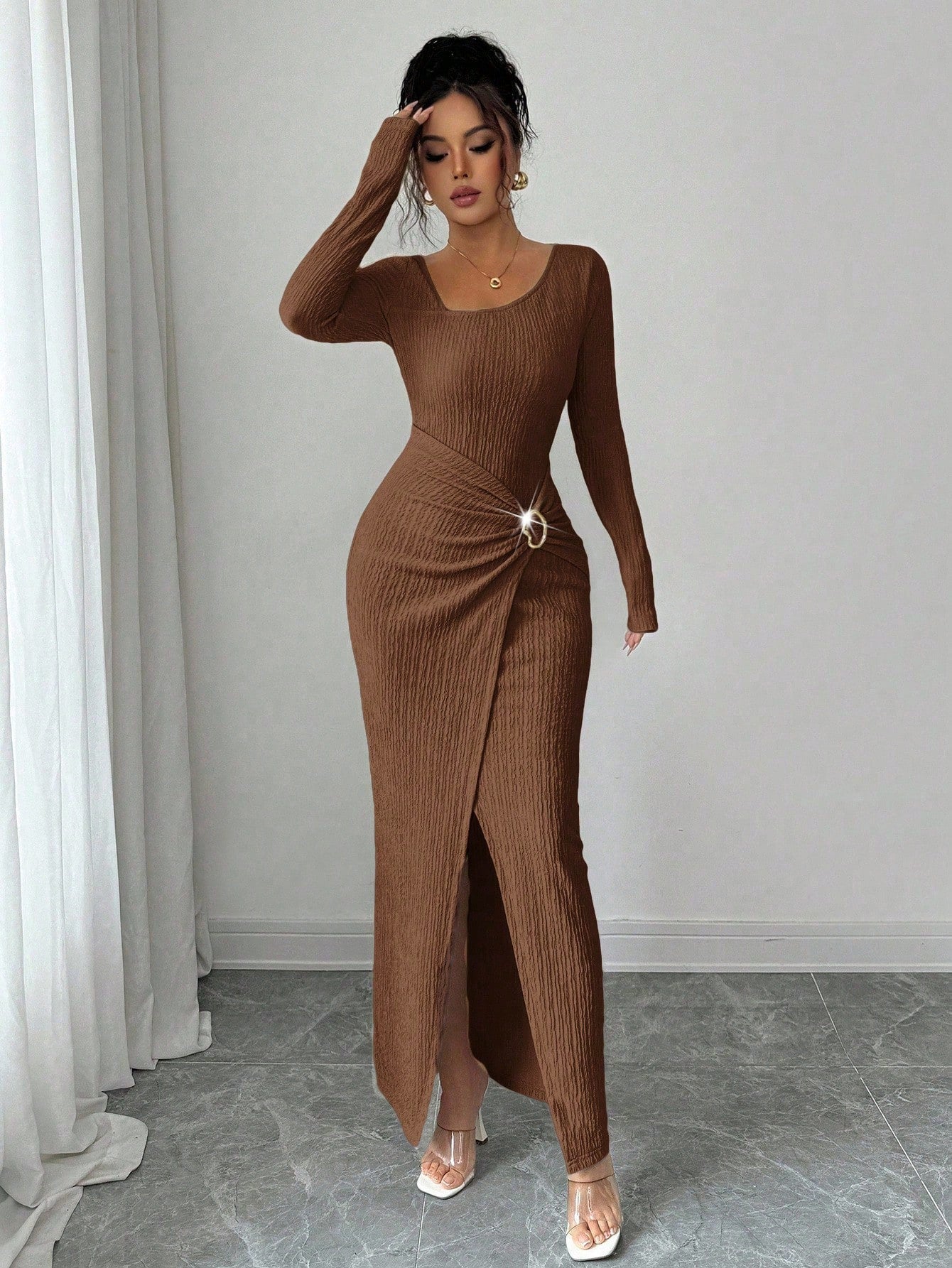 Women’s Irregular Neckline Knitted Long Dress – Autumn & Winter Solid Color Style