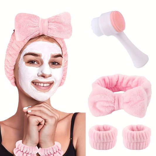 🌟 3D Double Silicone Facial Brush 🧴💆‍♀️ – Soft Bristles 🪥, Exfoliating 🌿, Double-Sided, with Coral Fleece Headband 🎀 – Skincare & Travel Friendly ✈️