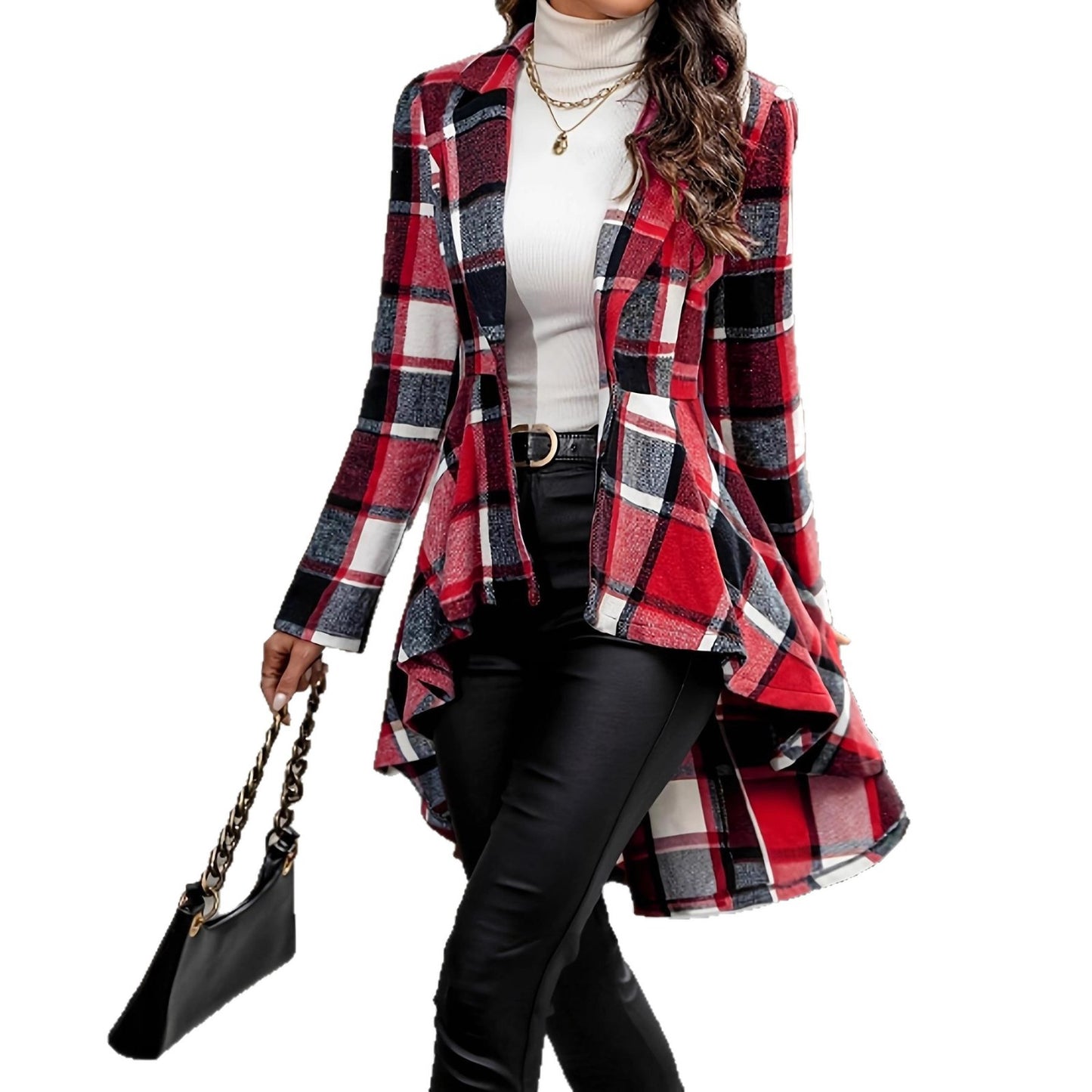 Women’s Plaid Button-Front Jacket – Long Sleeve High-Low Flared Hem