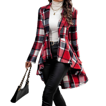 Women’s Plaid Button-Front Jacket – Long Sleeve High-Low Flared Hem