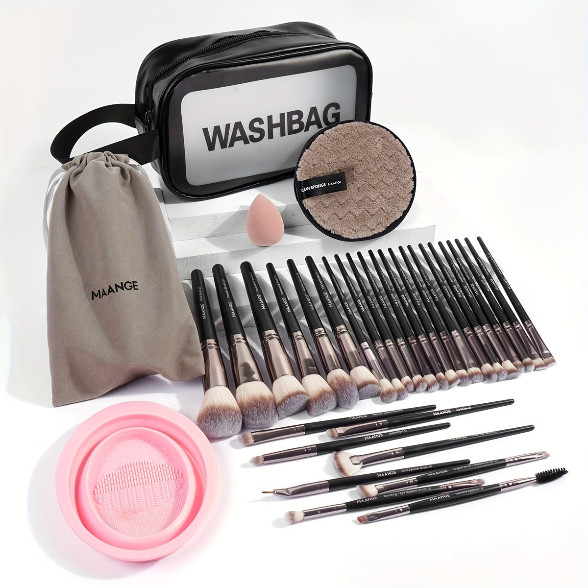 💄 30pcs Professional Makeup Brush Set 👜 Velvet Bag 🧽 Beauty Blender 🌸 Makeup Remover Puff 🌀 Cleaning Mat 🚿 Bathroom Bag 🪶 Soft to touch 🎨 Foundation & Eyeshadow Blending Brush Kit 👩 For Women 🎁 Mother’s Day Gift Set 💐