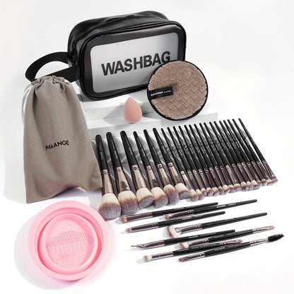 💄 30pcs Professional Makeup Brush Set 👜 Velvet Bag 🧽 Beauty Blender 🌸 Makeup Remover Puff 🌀 Cleaning Mat 🚿 Bathroom Bag 🪶 Soft to touch 🎨 Foundation & Eyeshadow Blending Brush Kit 👩 For Women 🎁 Mother’s Day Gift Set 💐