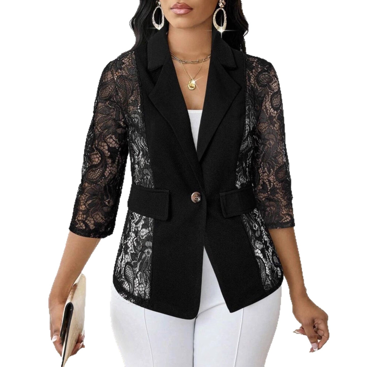 Women’s Elegant Lace Hollow-Out Jacket – Solid Color, 3/4 Sleeves