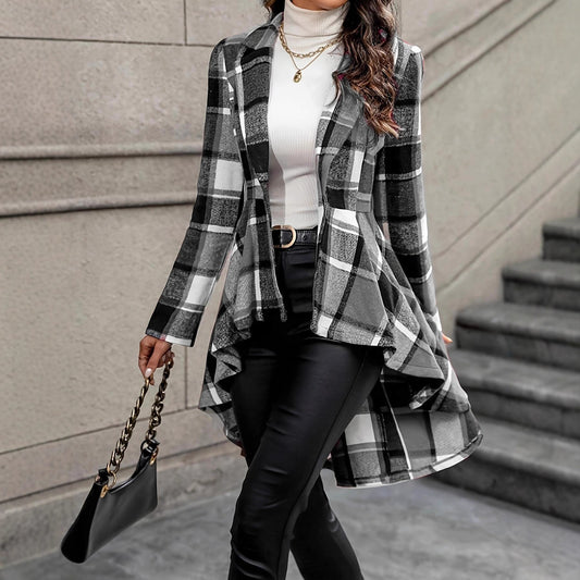 Women’s Plaid Button-Front Jacket – Long Sleeve High-Low Flared Hem